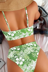 Costum de baie dama, 2 piese, model floral, sutien tip bustiera si chilot cu talie inalta verde - Img 2