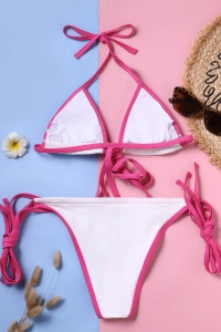 Costum de baie dama, 2 piese, model sexy summer pink candy, sutien cupe triunghiulare si chilot reglabil alb - Img 4