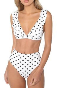 Costum de baie dama, 2 piese, model sexy trendy cu buline, sutien cu volanas, decolteu adanc in V si chilot cu talie inalta alb