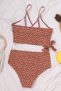 Costum de baie dama, 2 piese, model trendy cu floricele, sutien tip bustiera si chilot cu talie inalta maro - Img 2