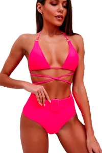 Costum de baie dama, 2 piese, roz, sutien reglabil, slip talie inalta brazilian cu catarama