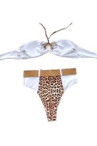 Costum de baie dama, 2 piese, slip brazilian talie inalta si sutien cu push-up, animal print, alb RO - Img 2