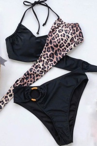 Costum de baie dama, 2 piese, slip clasic cu accesoriu si sutien cu push-up, animal print, negru - Img 4