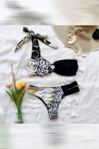Costum de baie dama, 2 piese, sutien cu prindere pe un umar si accesoriu, chilot brazilian, alb si negru, imprimeu animal print - Img 4