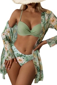 Costum de baie dama, 3 piese, model chic elegant, sutien bretele reglabile, chilot decupaj clasic si cover up asortat, imprimeu floral, tematica I love flowers verde