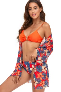 Costum de baie dama, 3 piese, model floral, sutien cu accesoriu metalic, chilot clasic si cover up cu maneci lungi portocaliu - Img 3