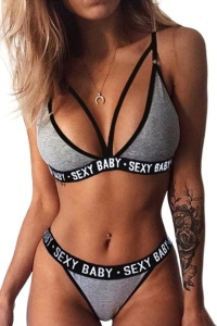 Costum de baie dama, gri, 2 piese, imprimeu sexy baby, slip tanga si sutien reglabil RO