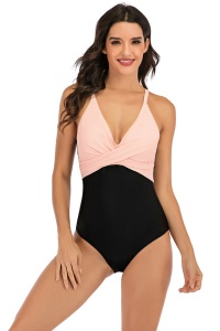 Costum de baie dama, o piesa, clasic cu croi chic, model delicat roz cu negru