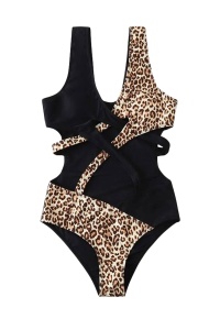 Costum de baie dama, o piesa, model animal print leopard negru cu maro - Img 2