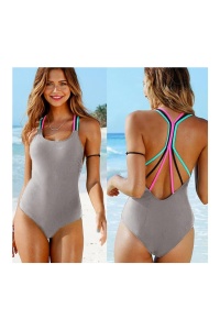 Costum de baie dama, o piesa, model clasic atragator cu bretele multiple si chilot decupaj normal, culori vii si intense, tematica all eyes on me gri - Img 3