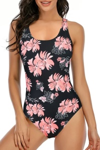 Costum de baie dama, o piesa, model clasic cu imprimeu floral, tematica I love summer fashion negru cu portocaliu