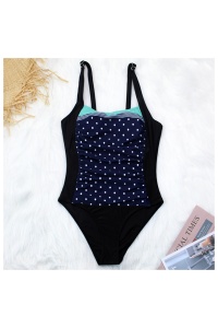 Costum de baie dama, o piesa, model clasic, imprimeu buline mici, cu detaliu turcoaz - Img 3