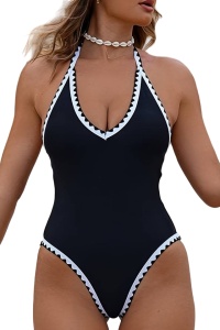 Costum de baie dama, o piesa, model cu spate gol, prindere dupa gat reglabila, chilot decupaj clasic croi ingust, tematica chill summer negru