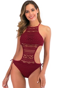 Costum de baie dama, o piesa, model de vara cu tesatura semitransparenta si taieturi provocatoare, prindere reglabila, chilot decupaj clasic croi ingust, tematica sexy and hot visiniu