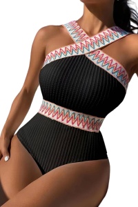 Costum de baie dama, o piesa, model royal, bretele in X la decolteu, detalii rustice, tematica I love summer negru