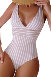 Costum de baie dama, o piesa, model sexy confortabil, decolteu in V si chilot decupaj clasic, tematica hot and cozy summer bej