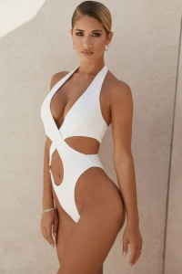 Costum de baie dama, o piesa, model sexy summer, accesoriu rotund si prindere la spate cu fermoar alb - Img 3