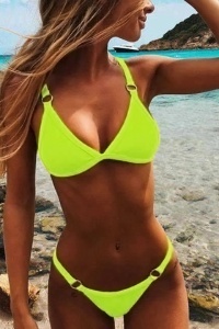 Costum de baie dama, verde, 2 piese, imprimeu uni, sutien reglabil, slip tanga RO - Img 2