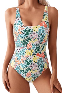 Costum de baie, o piesa, model delicat, prindere la spate metalica si chilot decupaj clasic, imprimeu floral, tematica romatic summer verde multicolor