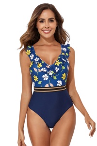 Costum de baie, o piesa, model elegant cu detaliu de subtiere a taliei, bretele cu volans si chilot decupaj clasic, tematica summer vibe albastru