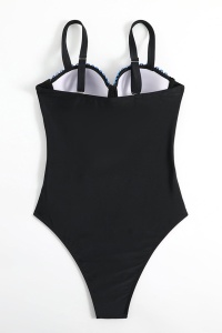 Costum de baie, o piesa, model special, aplicatii colorate, bretele reglabile, chilot decupaj clasic croi ingust, tematica elegant summer negru - Img 2