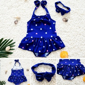 Costum de baie pentru fetite, accesorizat cu bentita elastica, prindere reglabila dupa gat, model body tip fustita, tematica buline vesele, albastru - Img 3