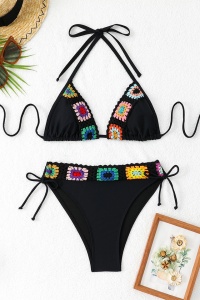 Costum de baie, set 2 piese, model deosebit, sutien cupe triunghiulare si chilot decupaj clasic, tematica summer fashion negru - Img 3