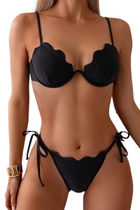 Costum de baie, set 2 piese, model dragalas cu margine deosebita, sutien cu bretele reglabile si chilot decupaj clasic croi ingust, tematica summer shell negru