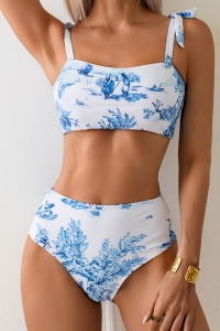 Costum de baie, set 2 piese, model elegant, imprimeu grafic deosebit, sutien tip bustiera si chilot talie inalta, tematica sunny days alb cu albastru - Img 4