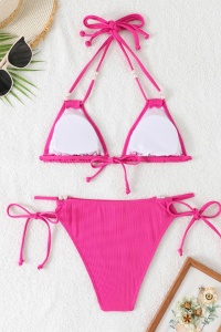 Costum de baie, set 2 piese, model jucaus, sutien cupe triunghiulare si chilot decupaj clasic croi ingust, accesorii delicate, tematica summer vibe roz - Img 2