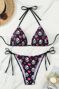 Costum de baie, set 2 piese, model minimalist, imprimeu cute and fun, sutien cupe triunghiulare si chilot decupaj clasic croi ingust reglabil, tematica crazy queen beach negru cu roz - Img 3