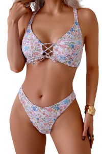 Costum de baie, set 2 piese, model vesel incitant, sutien tip bustiera, decolteu cu corset provocator si chilot decupaj clasic croi ingust, tematica sexy summer multicolor
