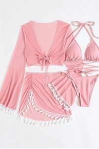 Costum de baie, set 4 piese, model vesel jucaus, accesorii ciucurei, sutien prindere crossbody, chilot decupaj clasic croi ingust, top scurt maneci lungi si fusta scurta semitransparenta, tematica beach party mood roz - Img 3