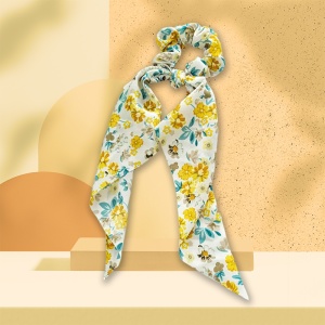 Elastic de par, accesorizat cu funda ponytail, model fantezie cu flori, imprimeu floral, galben - Img 3