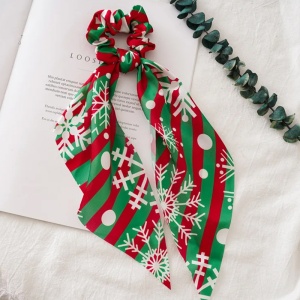 Elastic de par, model de sarbatoare cu prelungire tip ponytail, imprimeu vesel cu tematica de Craciun, verde cu rosu - Img 2