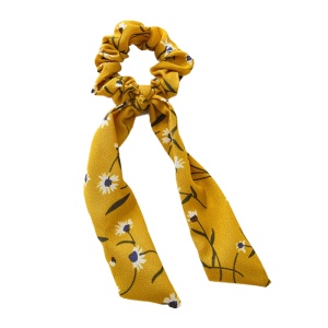 Elastic pentru par, model ponytail, imprimeu floral, galben