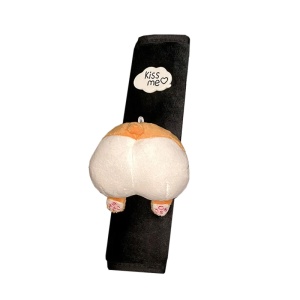 Husa de protectie pentru centura de siguranta auto, pentru copii, model lumea animalelor, din material textil, prindere cu scai velcro, fundulet grasan de caine corgi, negru cu bej