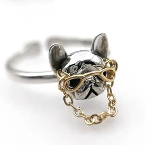 Inel hip hop, model caine punk cu ochelari si lant, tematica cool dog, marime universala, reglabil, unisex, argintiu