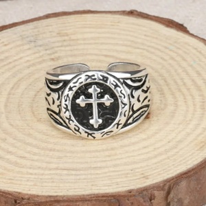 Inel retro, model cruce crestina, tematica religioasa holy cross, marime universala, reglabil, unisex, argintiu, - Img 2