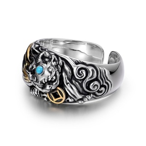 Inel unisex, model chinezesc pixiu, tematica lucky ring, reglabil, argintiu, - Img 3