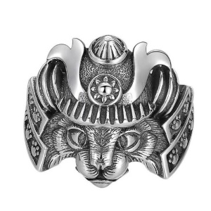 Inel unisex, model deosebit cu pisica samurai, tematica cat world, reglabil, argintiu,