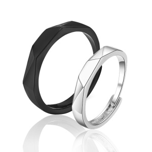 Inel unisex, set doua piese, model minimalist, delicate si asortate, tematica modern style, reglabil, argintiu cu negru