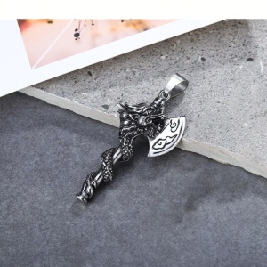 Lant axe master, cu pandantiv topor cu dragon, unisex, argintiu inchis, - Img 4