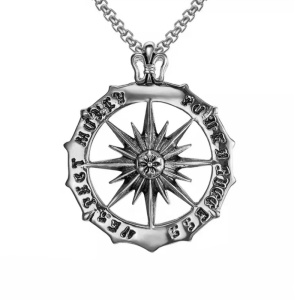 Lant cu pandantiv busola, model sailing, unisex, argintiu inchis,