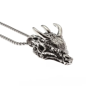 Lant cu pandantiv cap de dragon, model fantasy world, tematica creaturi mitice, reglabil, unisex, argintiu,