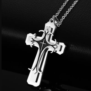 Lant cu pandantiv cruce argintie, negru cu argintiu, unisex - Img 4