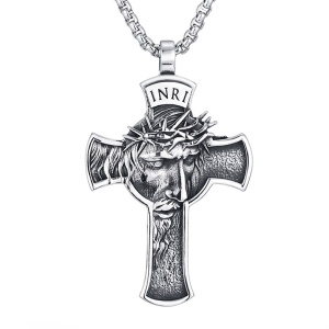 Lant cu pandantiv cruce coroana cu spini, unisex, argintiu,