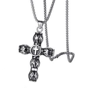 Lant cu pandantiv cruce, model holy cross, M1 forma cilindrica toteme, unisex, argintiu,