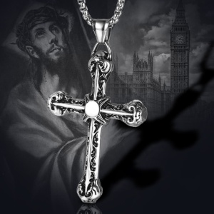Lant cu pandantiv cruce, model holy cross, M2 old church, unisex, argintiu inchis, - Img 3