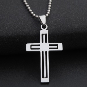 Lant cu pandantiv cruce, model minimalist, tematica religioasa, unisex, argintiu, - Img 2